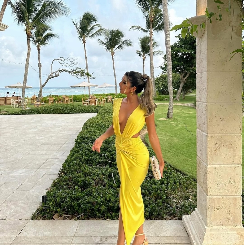 Baobab Collection Bright Yellow Backless Twist-Front Evening Gown